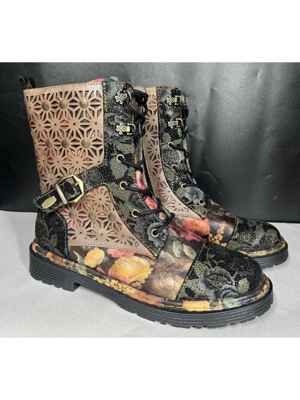 Laura Vita Incaso Combat Boots Floral Black Size 9.5 EU 40
